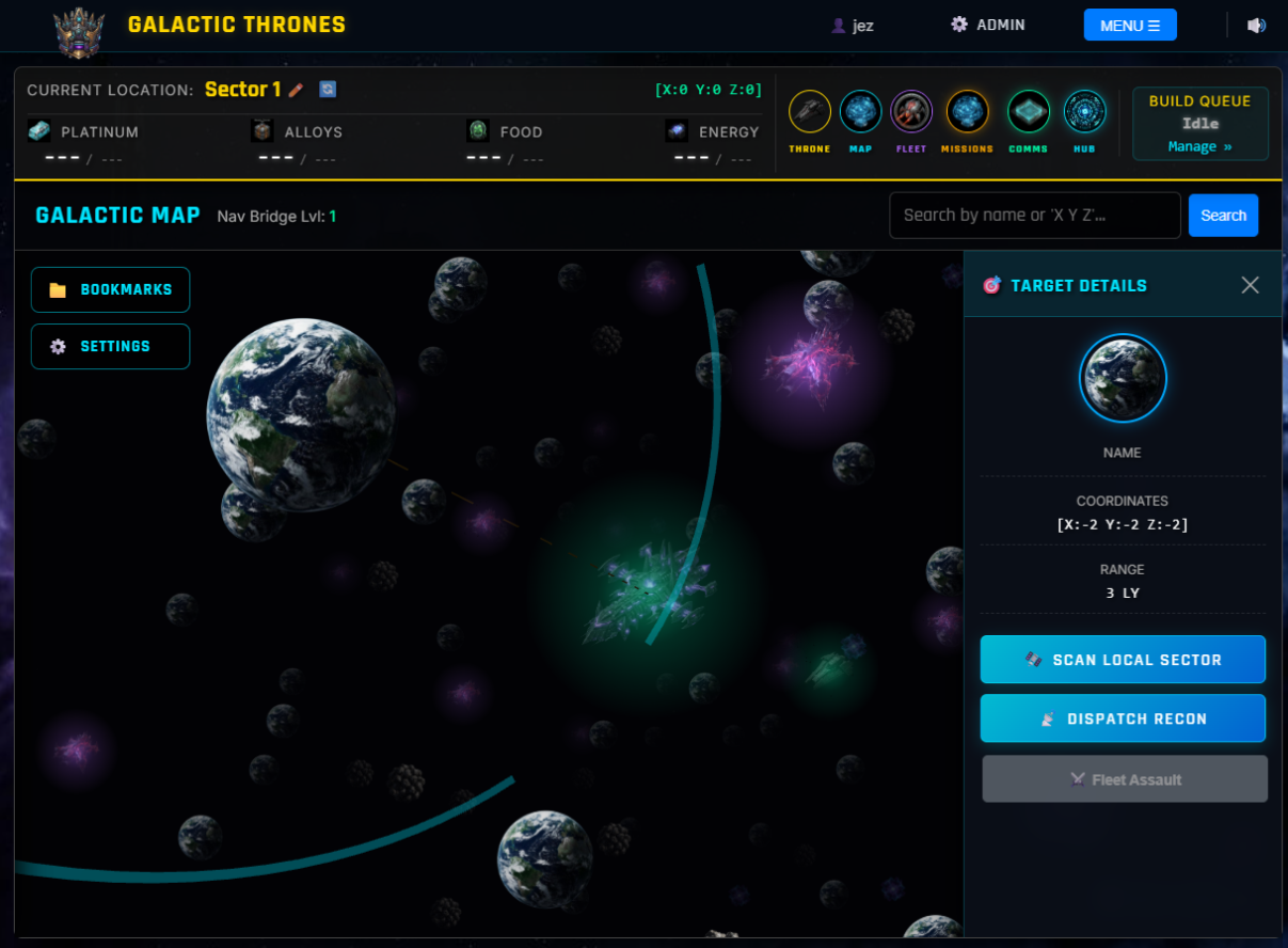 Galactic Thrones gameplay screenshot showing the galactic map and fleet controls